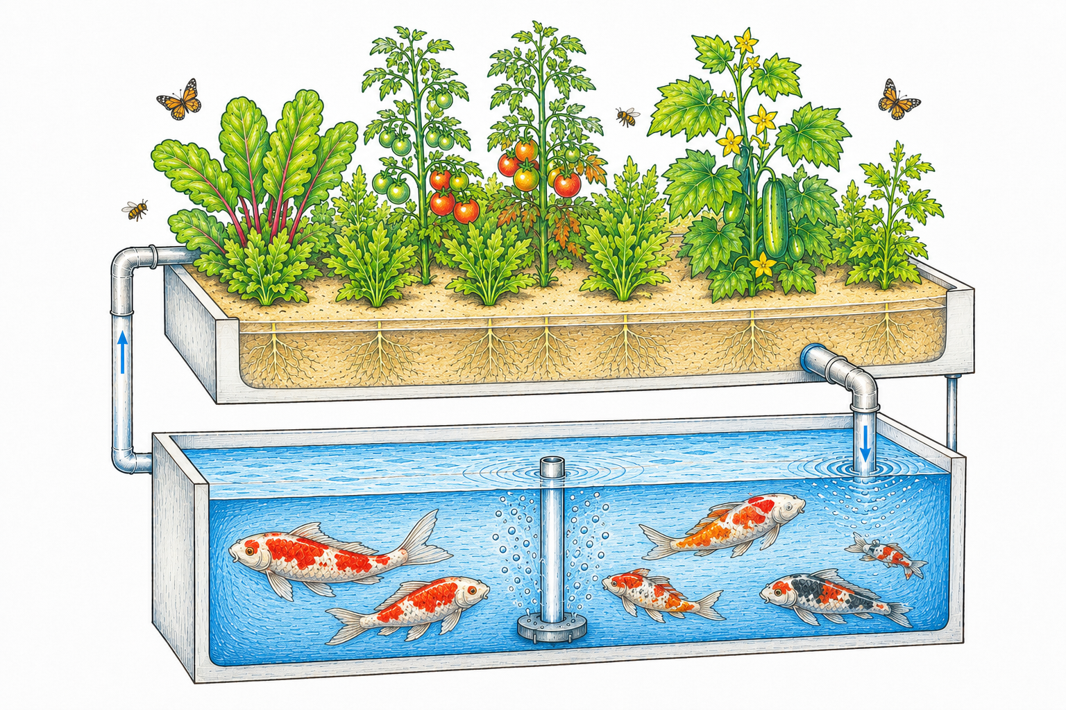 Illustration of an iAVS system with fish tank and sand bed